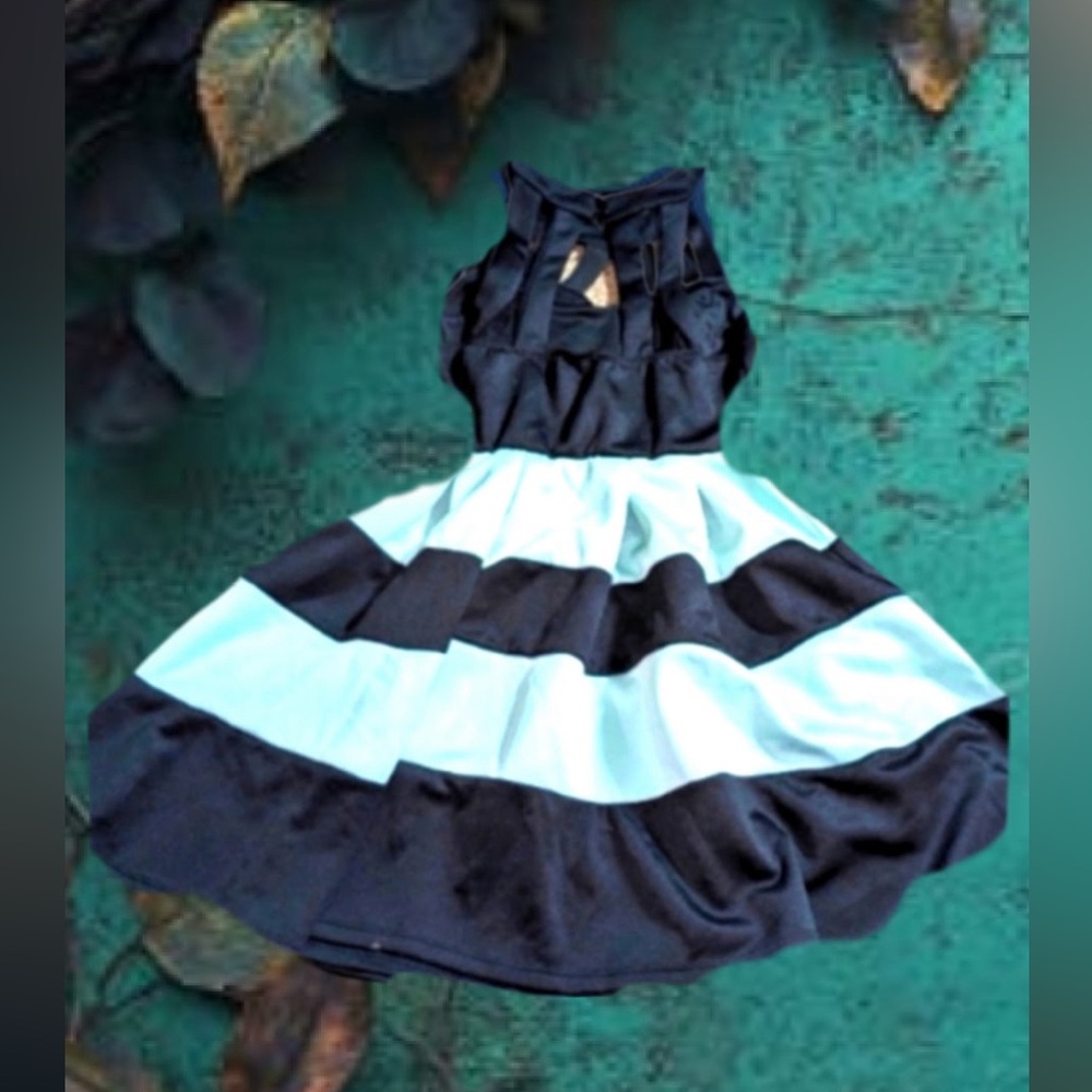 Crystal Doll Navy and Light Blue Striped Halter Dress